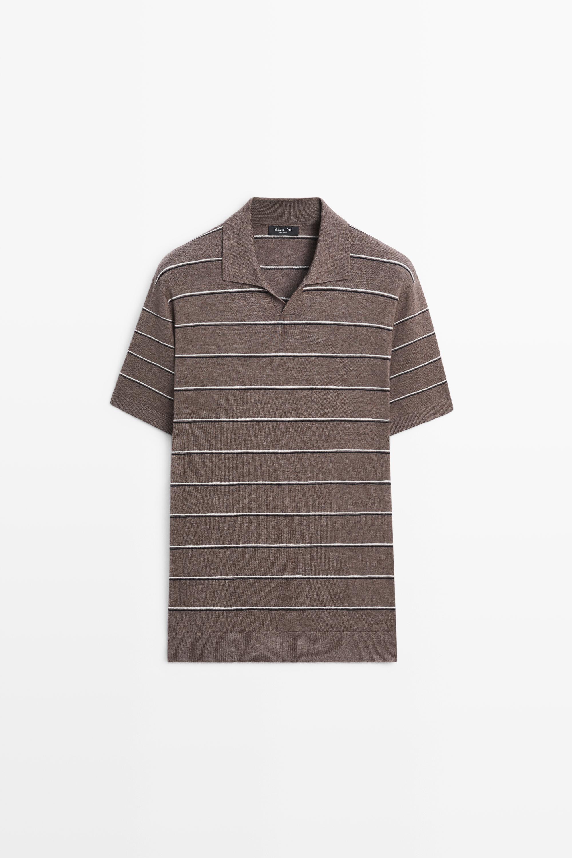 Striped knit V-neck polo shirt